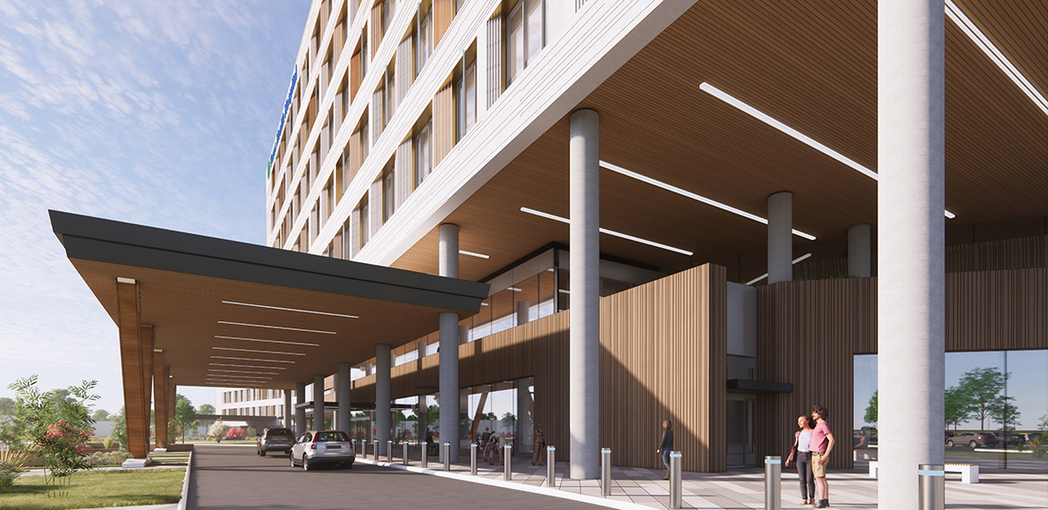 Architectural rendering of Texas Health McKinney with a structured overhang and patient drop off area.
