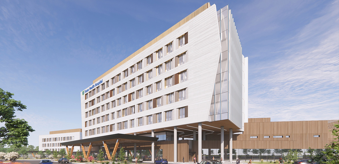 Exterior architectural rendering of Texas Health McKinney, the new hospital opening in 2028 with a contemporary multi level design.